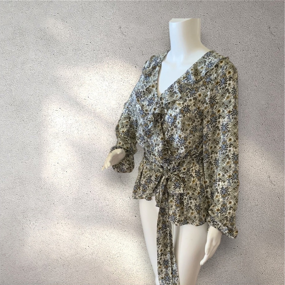 Max Edition Blue & Green Floral Ruffled Blouse With Tie - Picture 3 of 10
